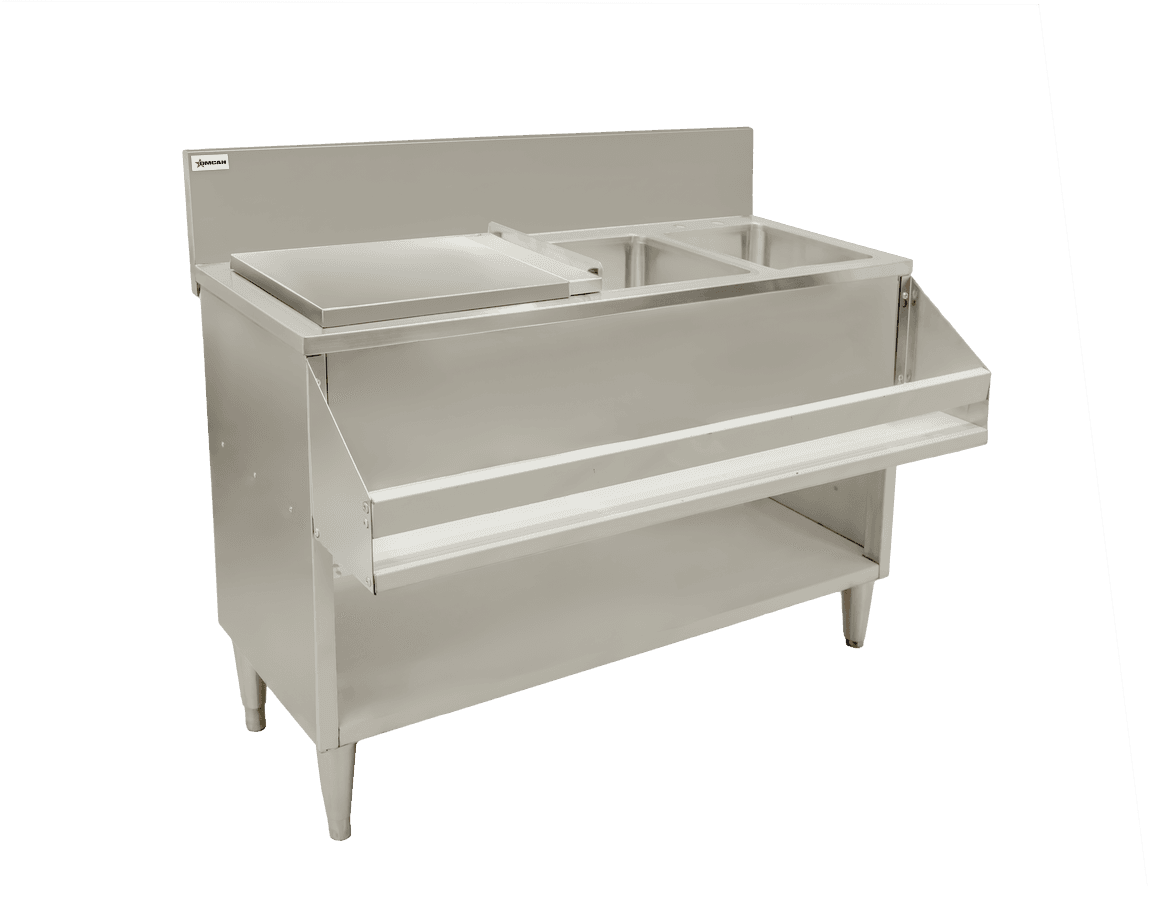 48″ Cocktail Mix Unit with 7″ Back Splash, 32″ x 12″ x 10″ Ice Bin with Sliding Cover, and 10″ x 12″ x 10″ Sinks