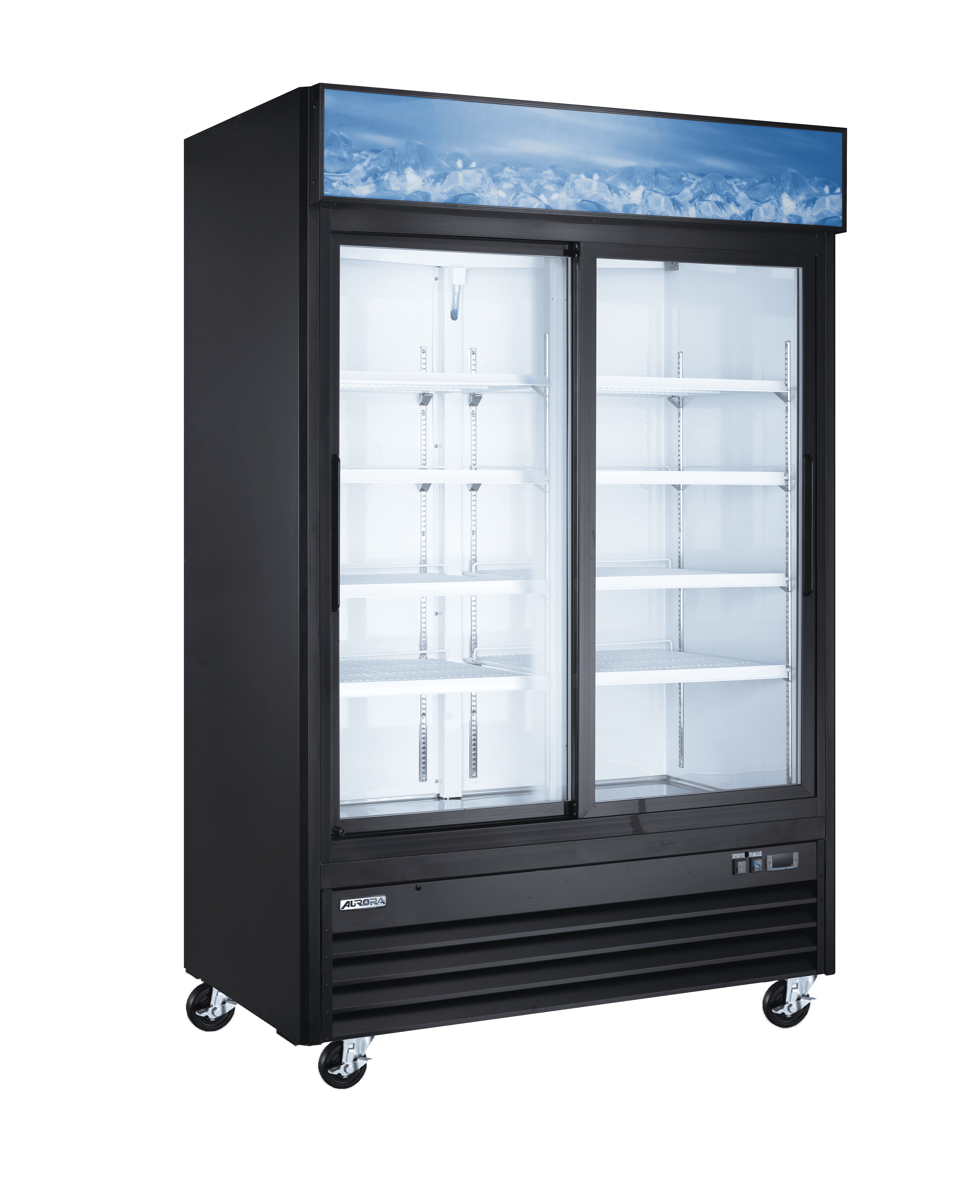 Aurora 54″ Two (2) Sliding Glass Doors Display Refrigerator with Lightbox, 45 cu.ft. (1274 L), Black