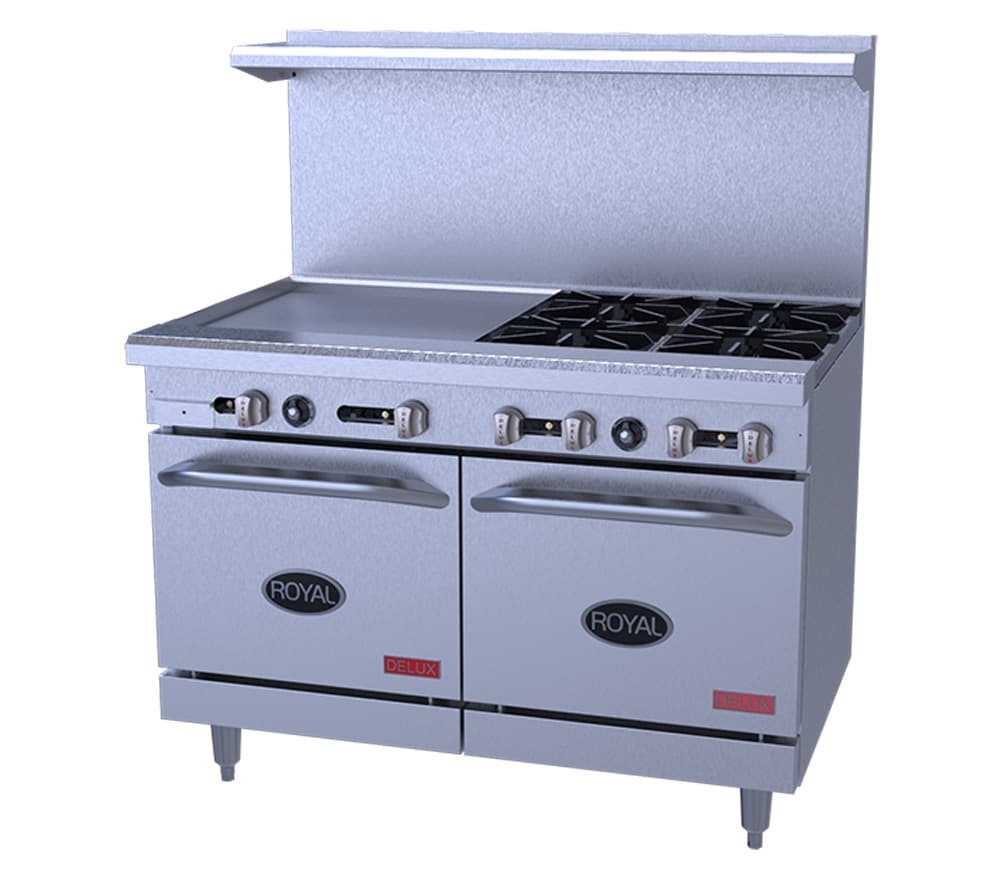Royal – Delux 48″ Stainless Steel Gas Range With Two 20” Wide Ovens with 48″ Griddle – RDR-G48