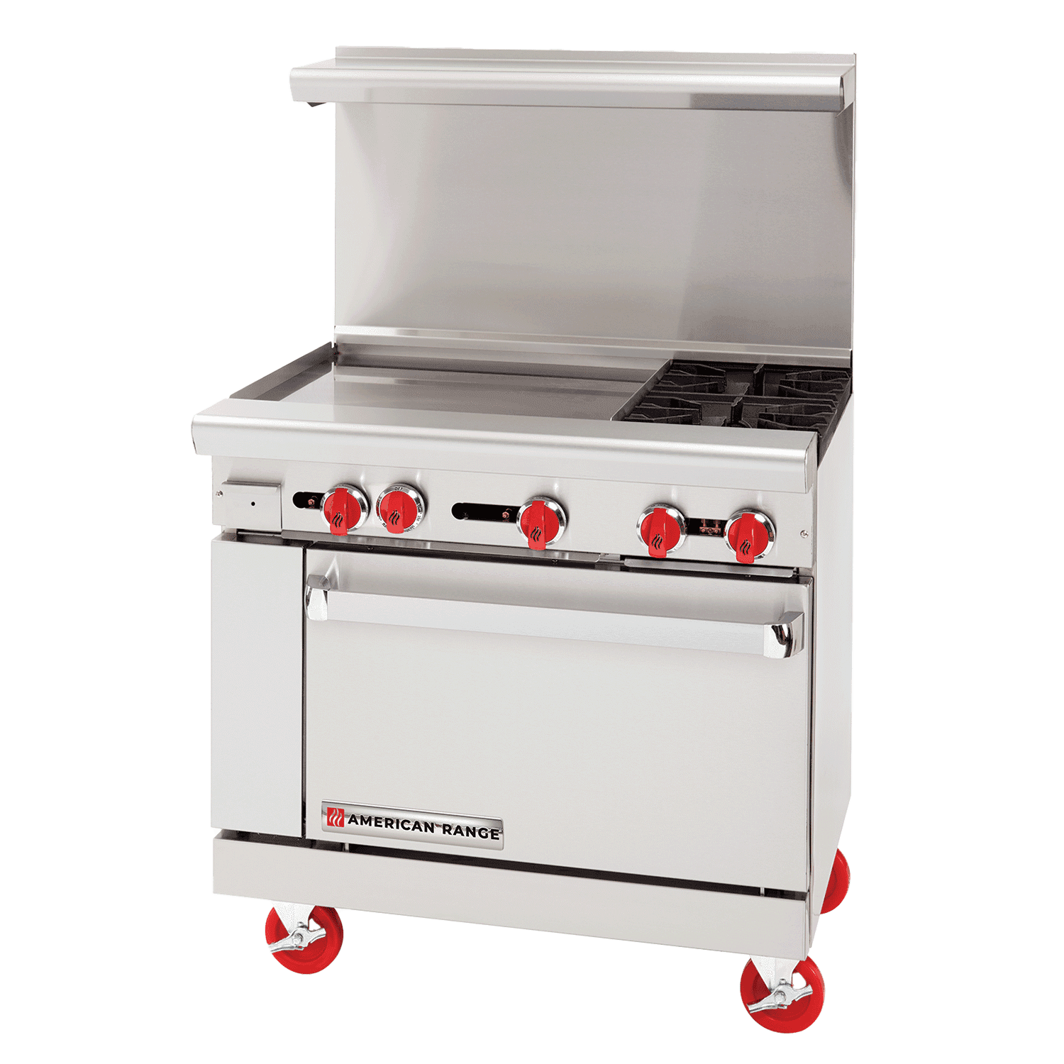 American Range – 36″ Stainless Steel Restaurant Range With 24″ Griddles, 2 Burners, And 26.5″ Storage Base – AR-24G-2B-SB