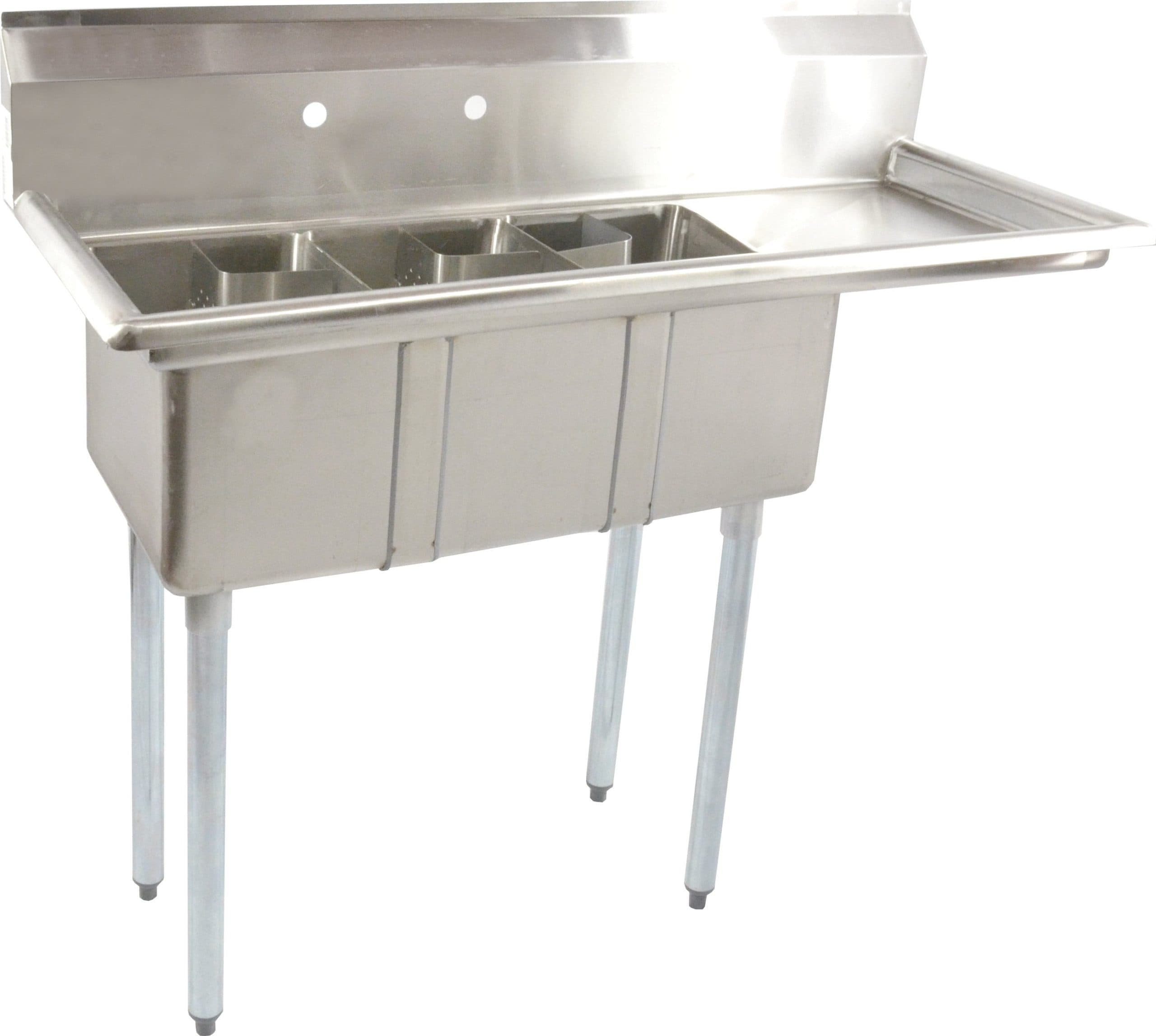 10″ x 14″ x 10″ Stainless Steel Three Tub Space Saver Sink with 16″ Right Drainboard with Corner Drain
