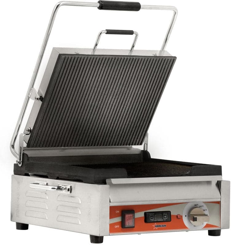 Omcan Single Panini Grill with Grooved Plates and Timer – Cooking Surface – 120V, 1800W