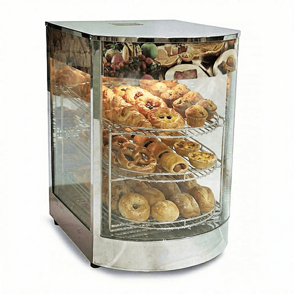 14" Display Warmer, 3 Shelves, Curved Glass, Full-Service with 0.85 kW