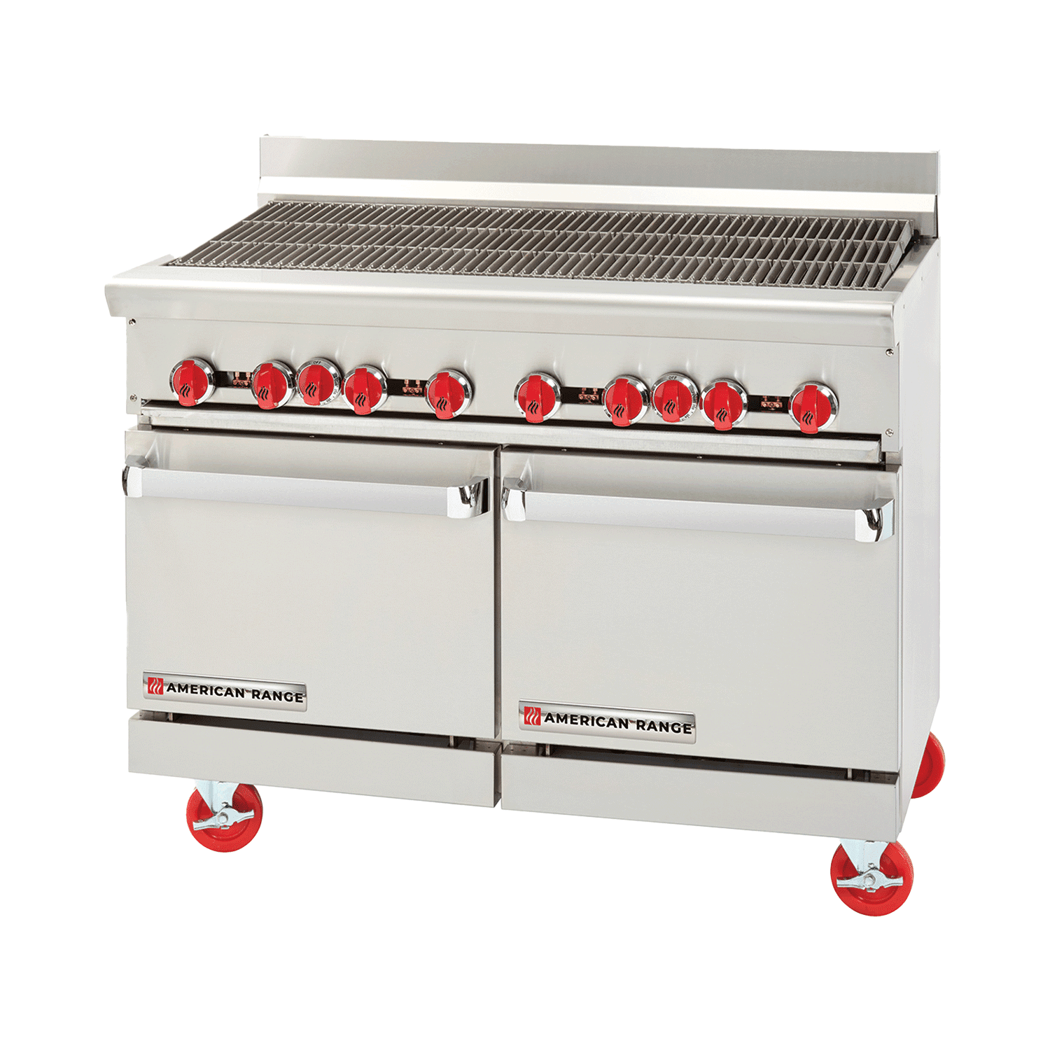 American Range – 60″ Stainless Steel Restaurant Range 24″ Raised Griddles, 6 Burners With 26.5″ 1 Standard Oven and 1 Storage Base – AR-6B-24RG-126L-SBR