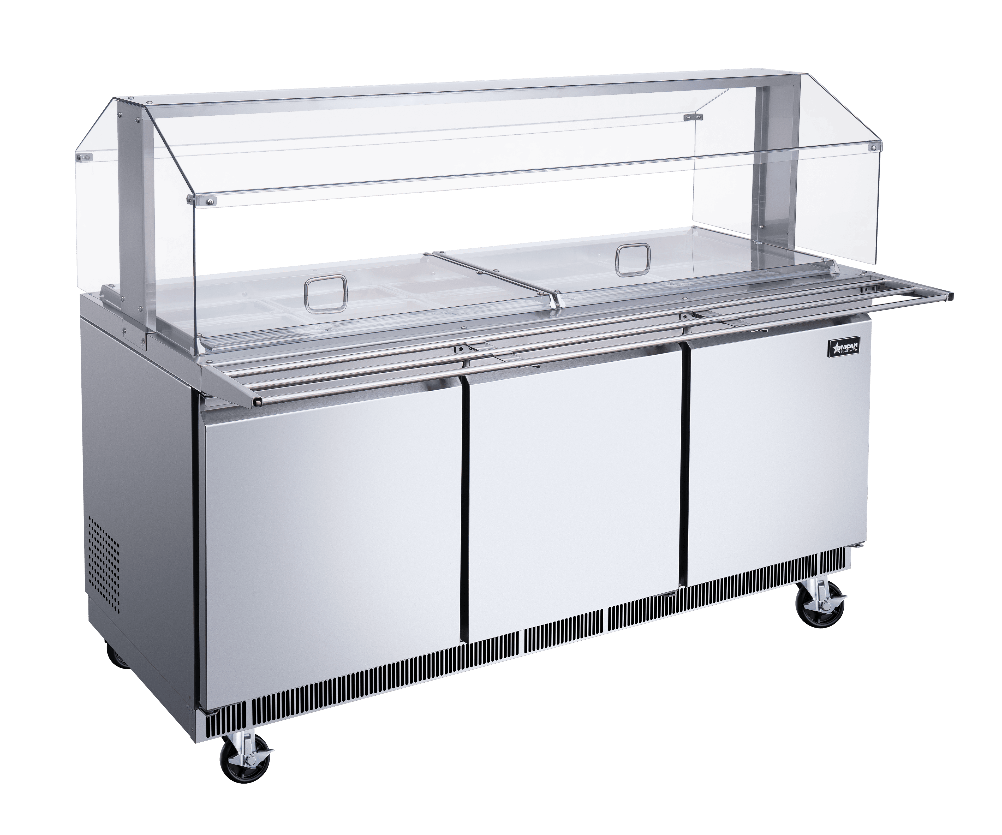 72″ Stainless Steel Refrigerated Salad Bar / Cold Food Table with Sneeze Guard, Tray Slide and Pan Covers