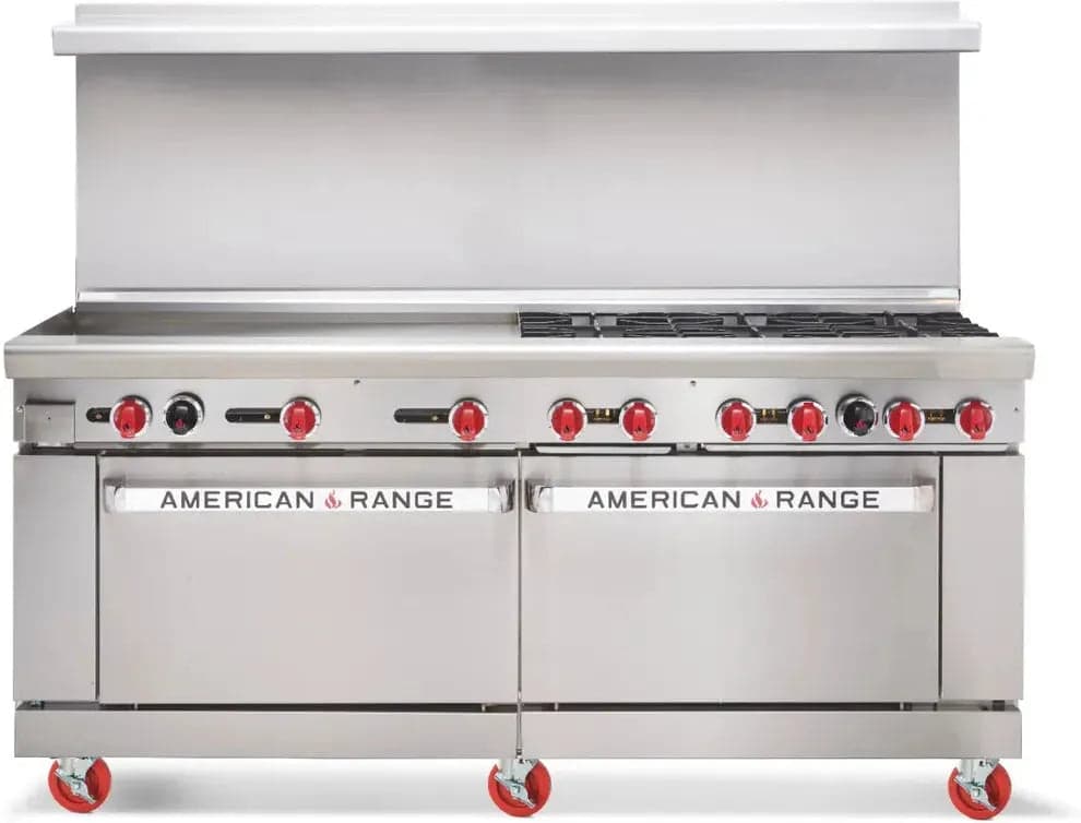 American Range - 72" Stainless Steel Green Flame Range 24" Griddles and 8 Burners With 1 Standard and 1 Convection Oven - ARGF-24G-8B-CL-126R
