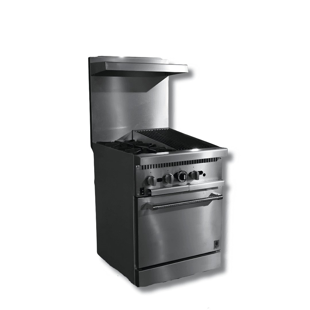 HOTZONE HZ-CR24-12CB Gas Range With Built-In Convection Oven 24" with 12" Charbroiler Top With 2 Open Burners