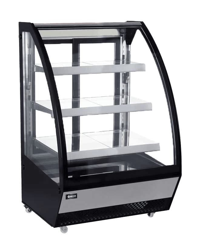 36″ Three (3) Shelf Refrigerated Floor Showcase with Curved Glass, 16 cu.ft. (467 L), Black