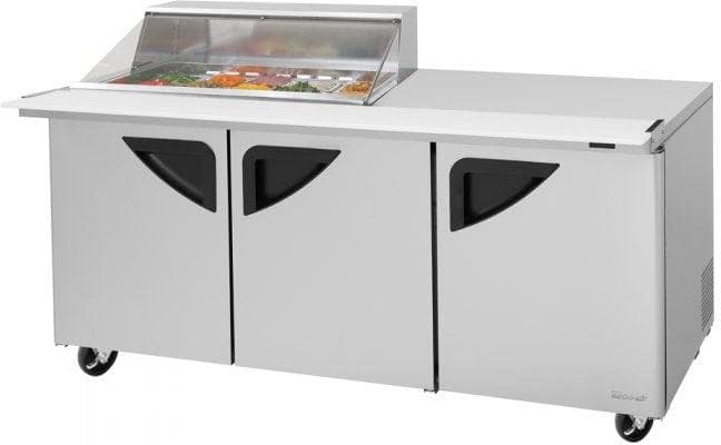 Turbo Air – Super Deluxe 72.4″ 3 Swing Door Refrigerated Sandwich Prep Table with Clear Top and 15 Pan Opening – TST-72SD-15M-N-CL (ETA 5-6 Weeks)