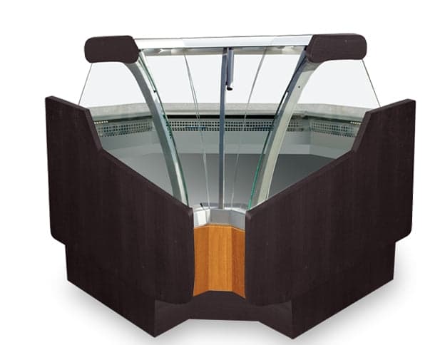 Igloo SANWD90-IN 54½″ Inside Corner Refrigerated Deli Case, Curved Lift-Up Glass, Wood Finish