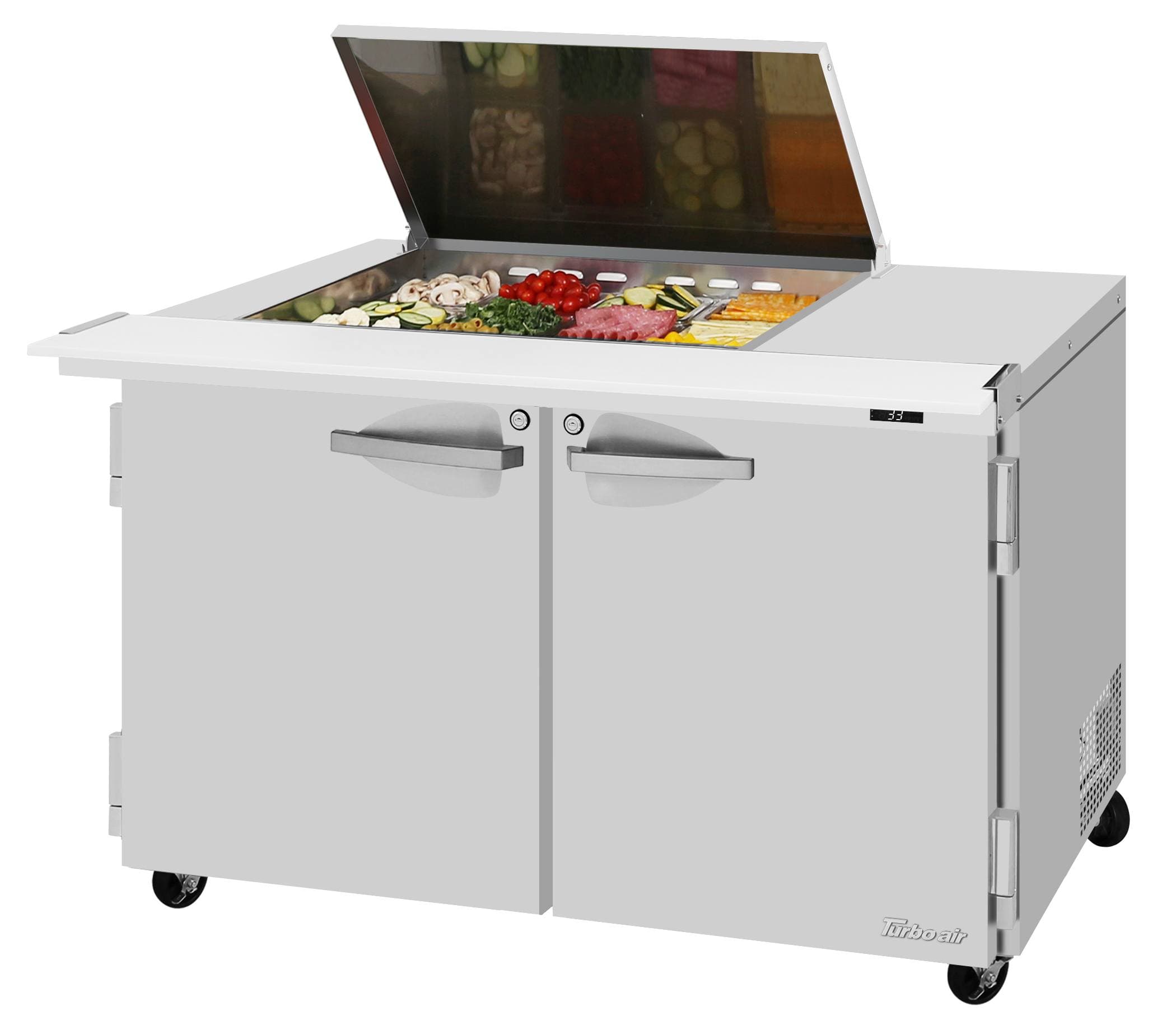 Turbo Air – PRO Series Sandwich/Salad Mega Prep + Work Station with Flat Lid, 48-1/4″ Wide – PST-48-12M-N-FL