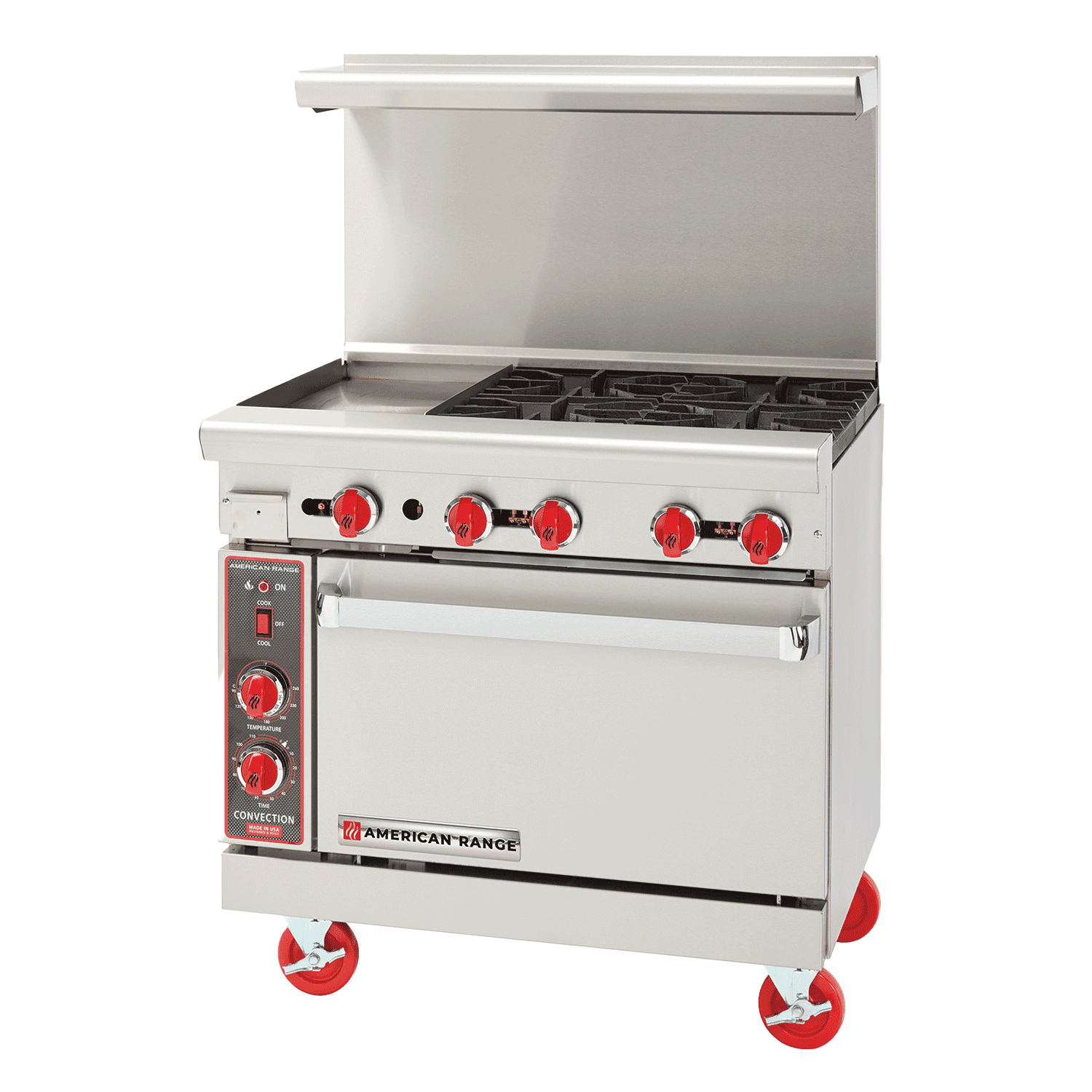 American Range – 36″ Stainless Steel Restaurant Range With 12″ Griddles, 4 Burners, And 26.5″ Standard Oven – AR-12G-4B