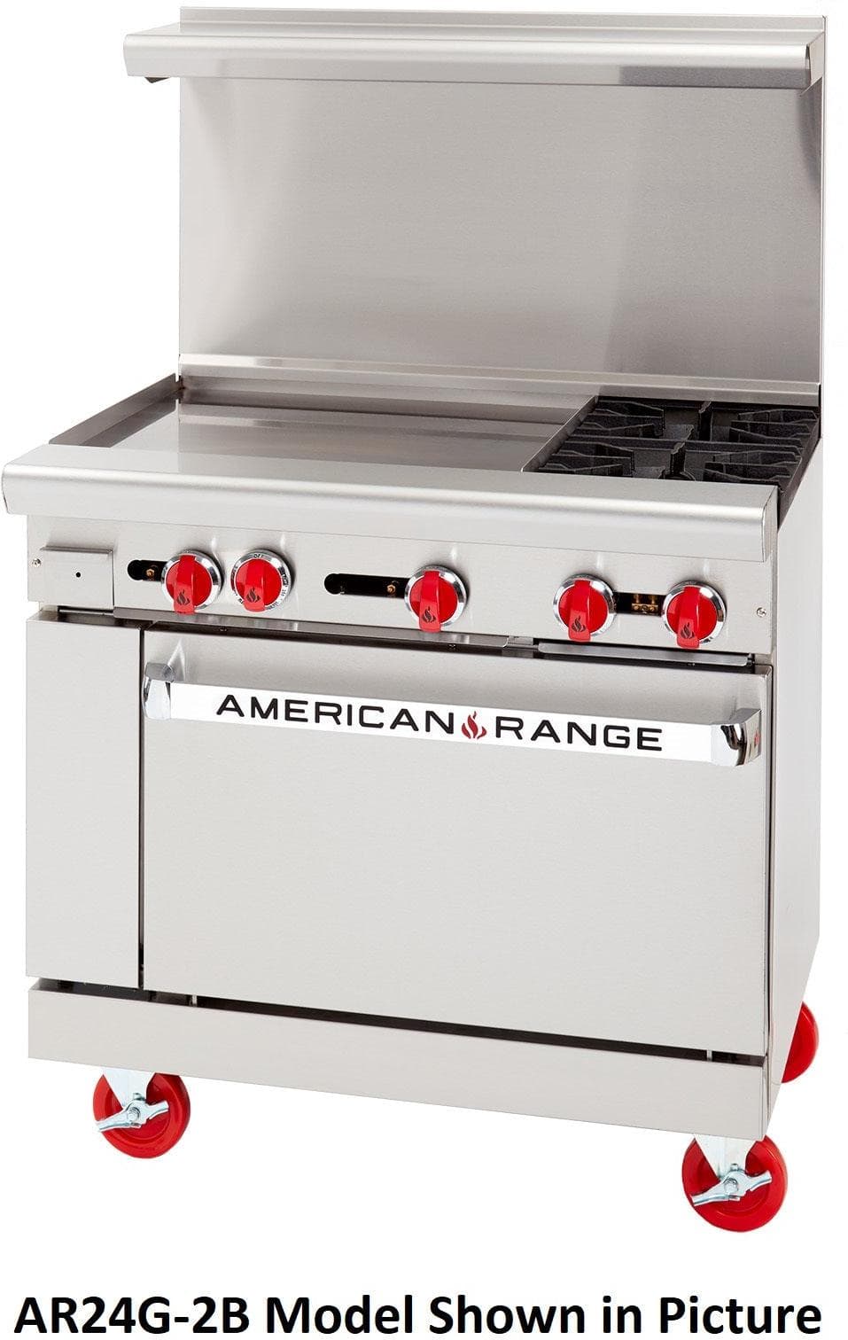 American Range - 48" Stainless Steel Restaurant Range 36" Griddles, 2 Burners, and 20" 2 Space Storage Bases - AR-36G-2B-DSB
