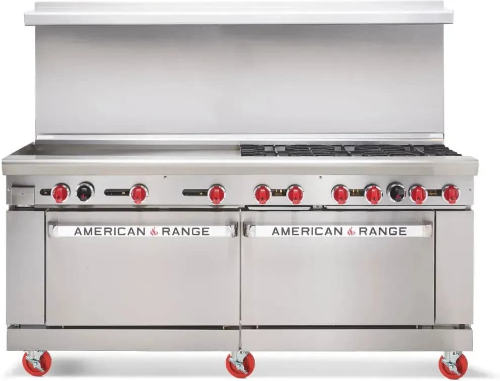 American Range – 72″ Stainless Steel Green Flame Range 24″ Griddles and 8 Burners With 2 Standard Ovens – ARGF-24G-8B