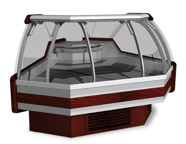 Igloo SANWD90-OUT 54½″ Outside Corner Refrigerated Deli Case, Curved Lift-Up Glass, Wood Finish