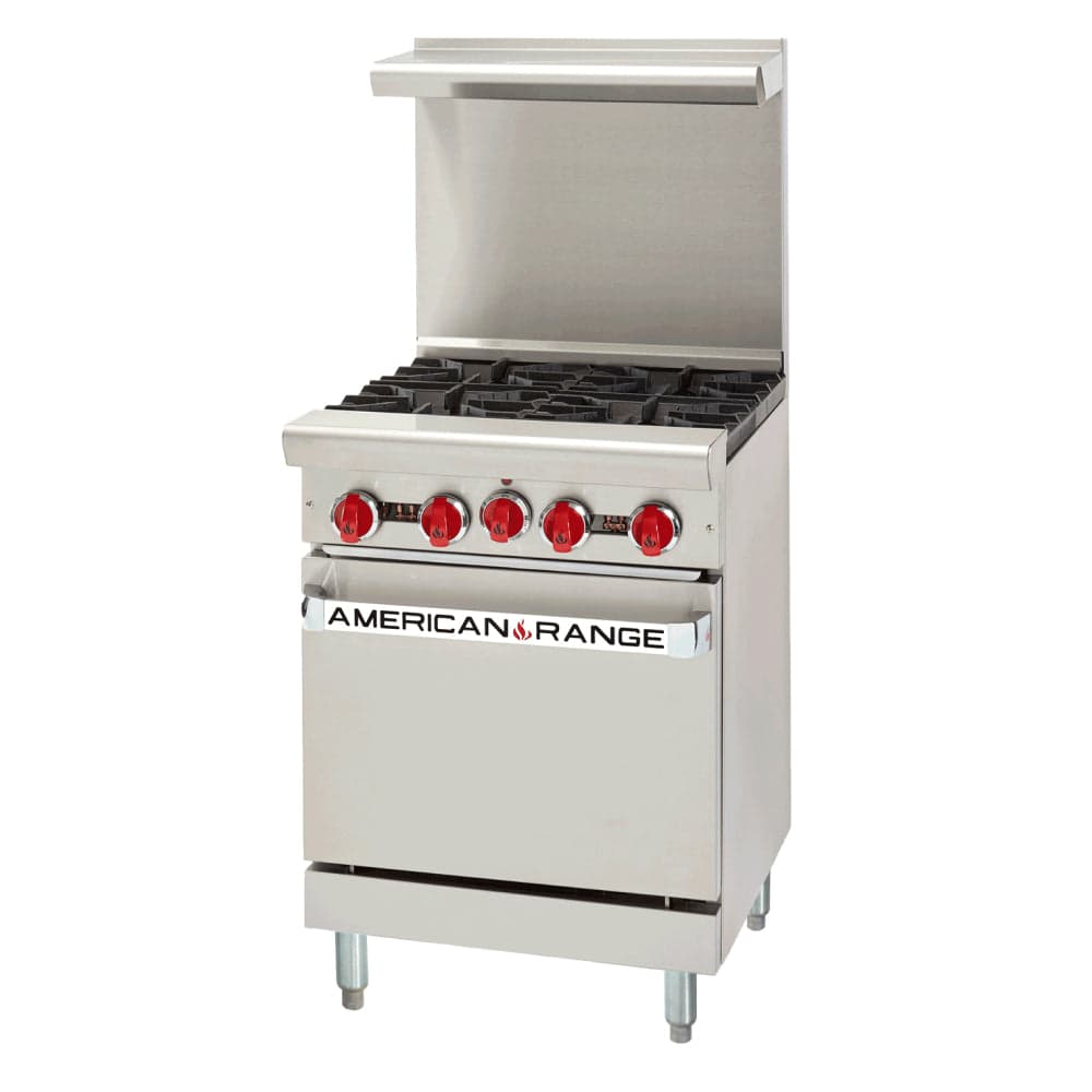 American Range AR‐4 24″ Natural Gas 4-Burner Restaurant Range with Standard Oven – 155,000 BTU