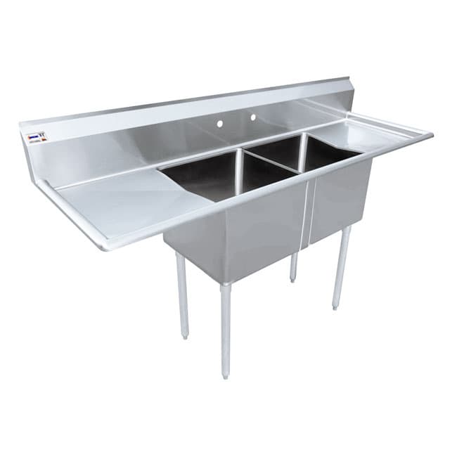 24″ x 24″ x 14″ 18-gauge stainless steel Two Tub Sink with 1.8″ Corner Drain and Two Drainboards