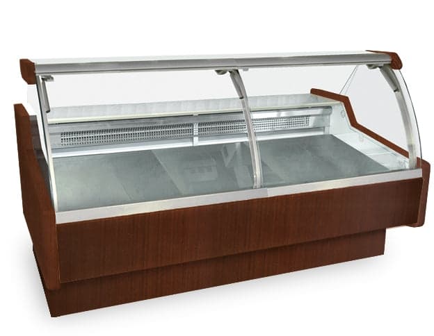Igloo SANWD10 128½″ Refrigerated Deli Case, Curved Lift-Up Glass, Wood Finish, 47″ Deep