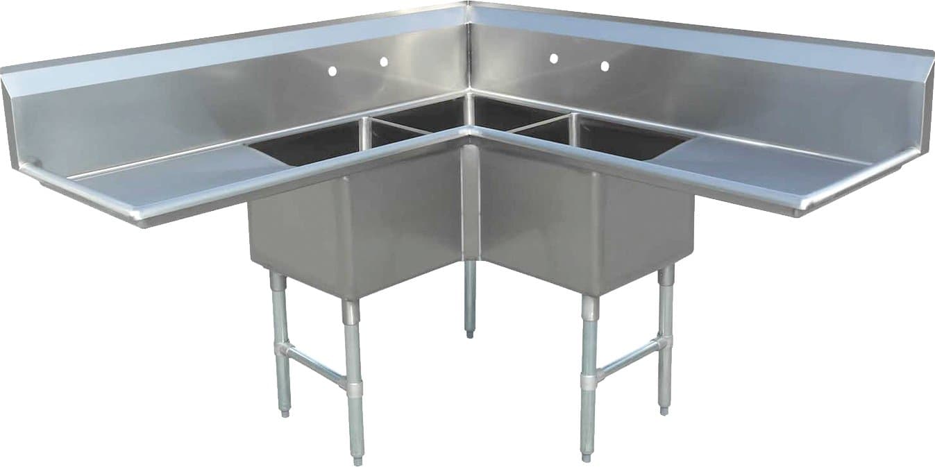 18″ x 18″ x 14″ 18-gauge stainless steel Three Compartment Corner Sink with Two Drainboards and 3.5″ Center Drain