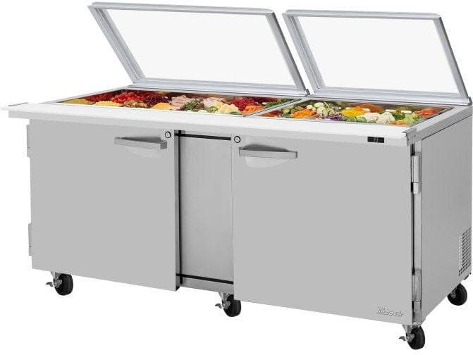 Turbo Air – PRO Series 72.6″ Silver Two-Section Mega Top Sandwich/Salad Prep Table with Glass Lid and 2 Shelves – PST-72-30-N-GL (ETA 5-6 Weeks)