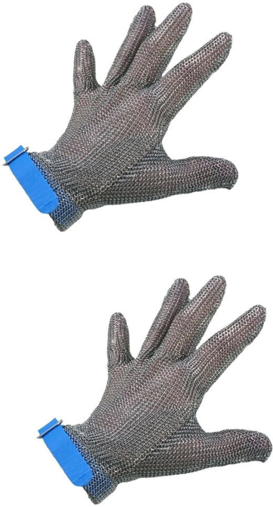 Five Finger Stainless Steel Mesh Glove with Blue Silicone Strap – Large