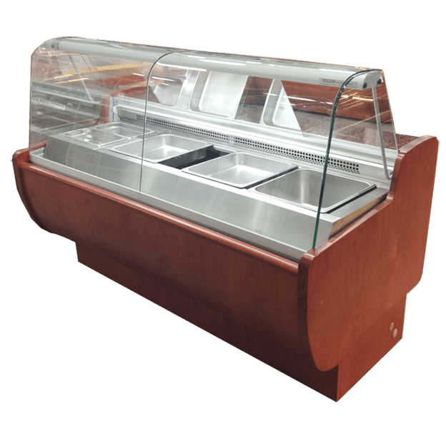 Igloo MSTWD Slim Line Refrigerated Salad Case, Curved Glass, Wood Finish