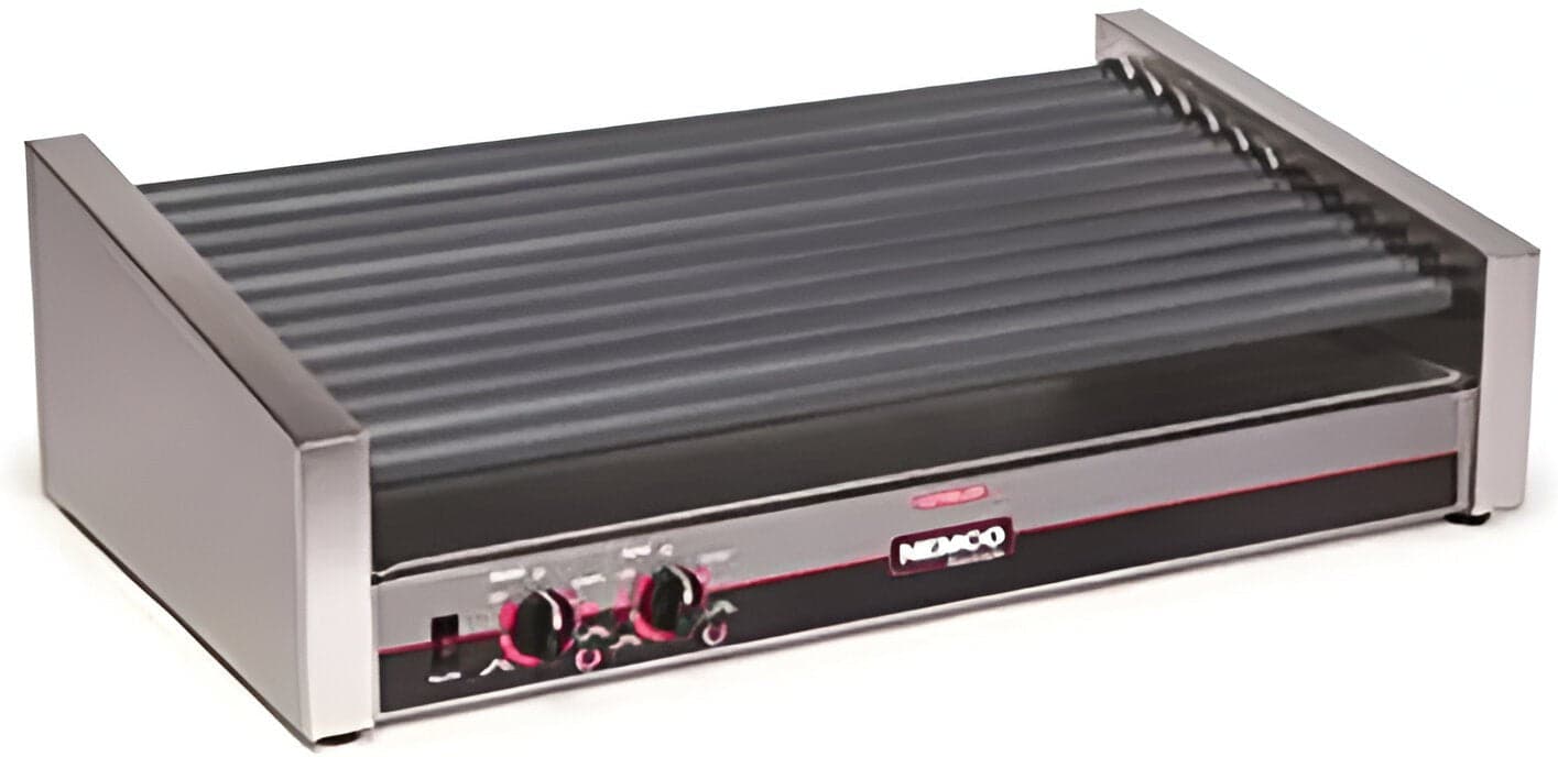 Nemco – 120V Slanted Hot Dog Roller Grill with GripsIt Non-Stick Coating with 27 Hot Dog Capacity – 8033SX-SLT (ETA 4-6 Weeks)