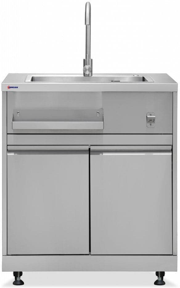 32″ Stainless Steel Hand Sink Cabinet Stand With Faucet, Water Pipe, 2-Door Storage, Storage Tray