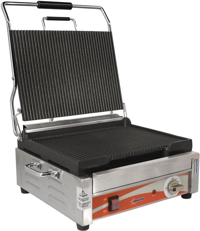 Omcan Single Panini Grill with Grooved Plates – Cooking Surface – 120V, 1800W