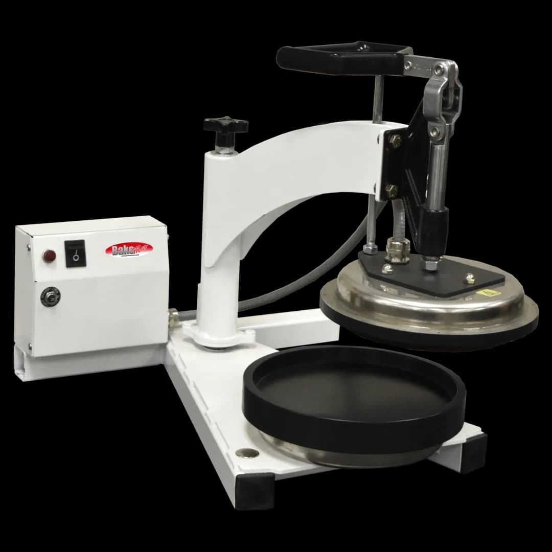 BakeMax BMDXPPB28 Commercial Countertop Manual Swing Away Dual Heat Personal Size Pizza Dough Press