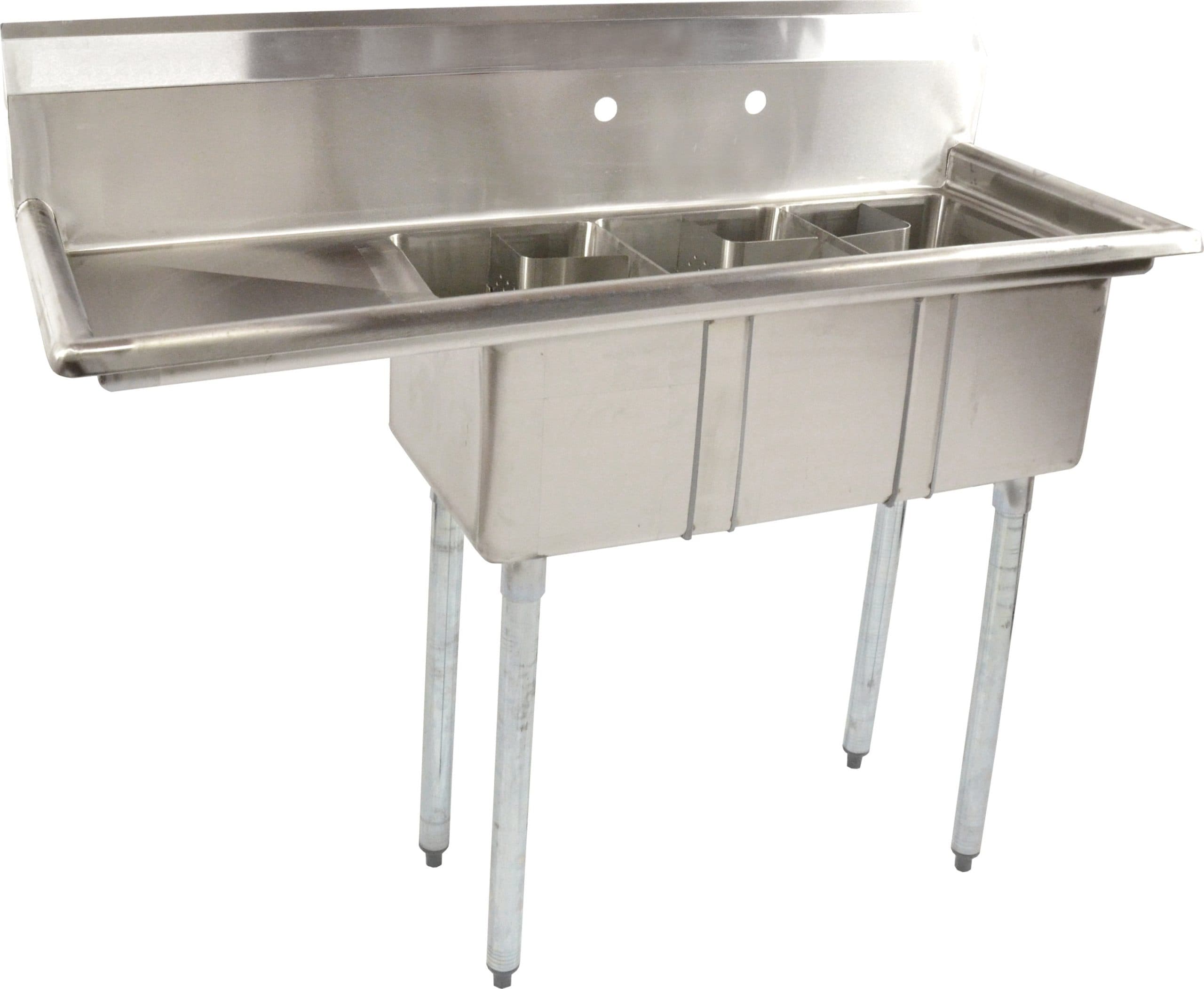 10″ x 14″ x 10″ Stainless Steel Three Tub Space Saver Sink with 16″ Left Drainboard with Corner Drain