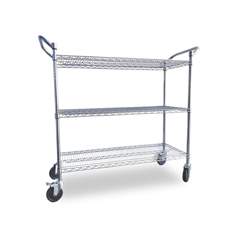 Omcan Chrome Plated Wire Shelving Cart, 3-Tier with Double Handle