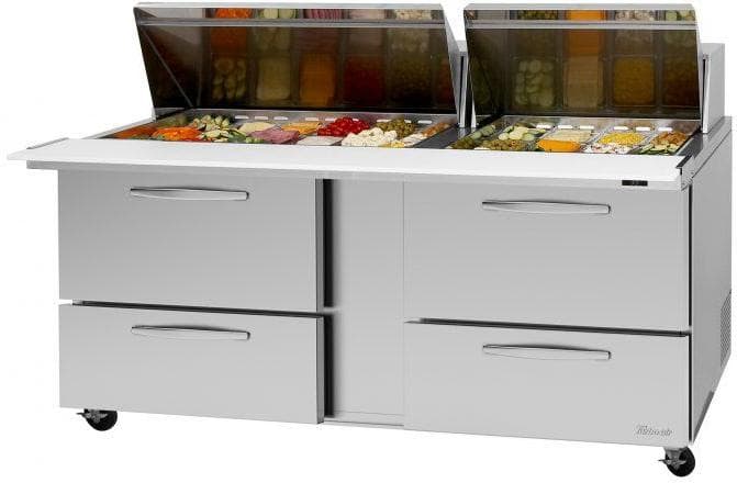 Turbo Air – PRO Series 72.6″ Silver Two-Section Sandwich/Salad Prep Table-Slide Lids with 2 Hoods, 4 Drawers – PST-72-30-D4-N-SL (ETA 5-6 Weeks)