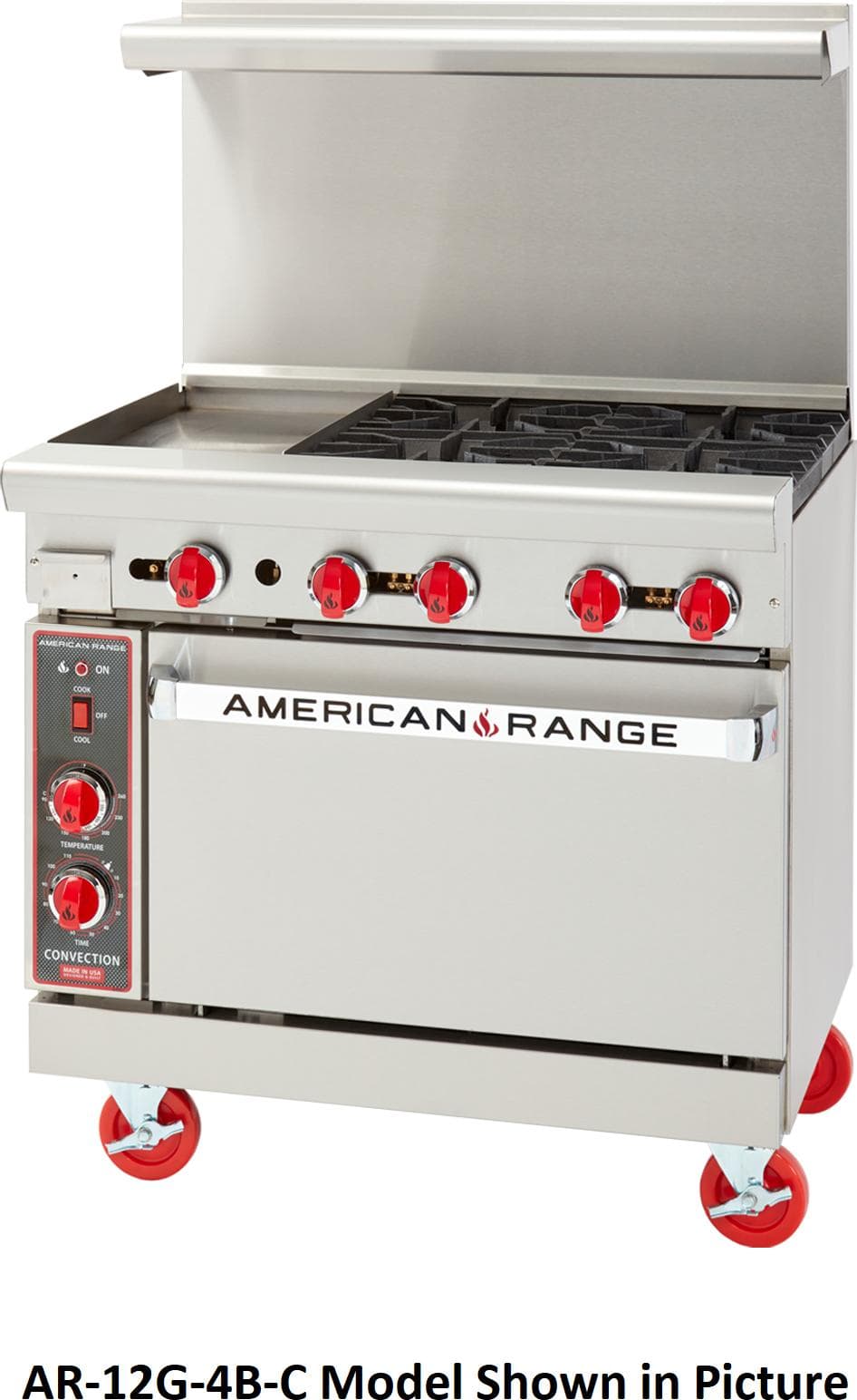 American Range AR-24G-4B 48″ Natural Gas 4-Burner Restaurant Range with 2 Standard Ovens & 24″ Left Griddle Plate – 222,000 BTU