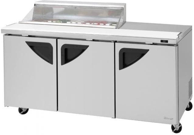 Turbo Air – Super Deluxe 72.4″ 3 Swing Door Refrigerated Sandwich Prep Table with Clear Top and 12 Pan Opening – TST-72SD-12S-N-CL (ETA 5-6 Weeks)