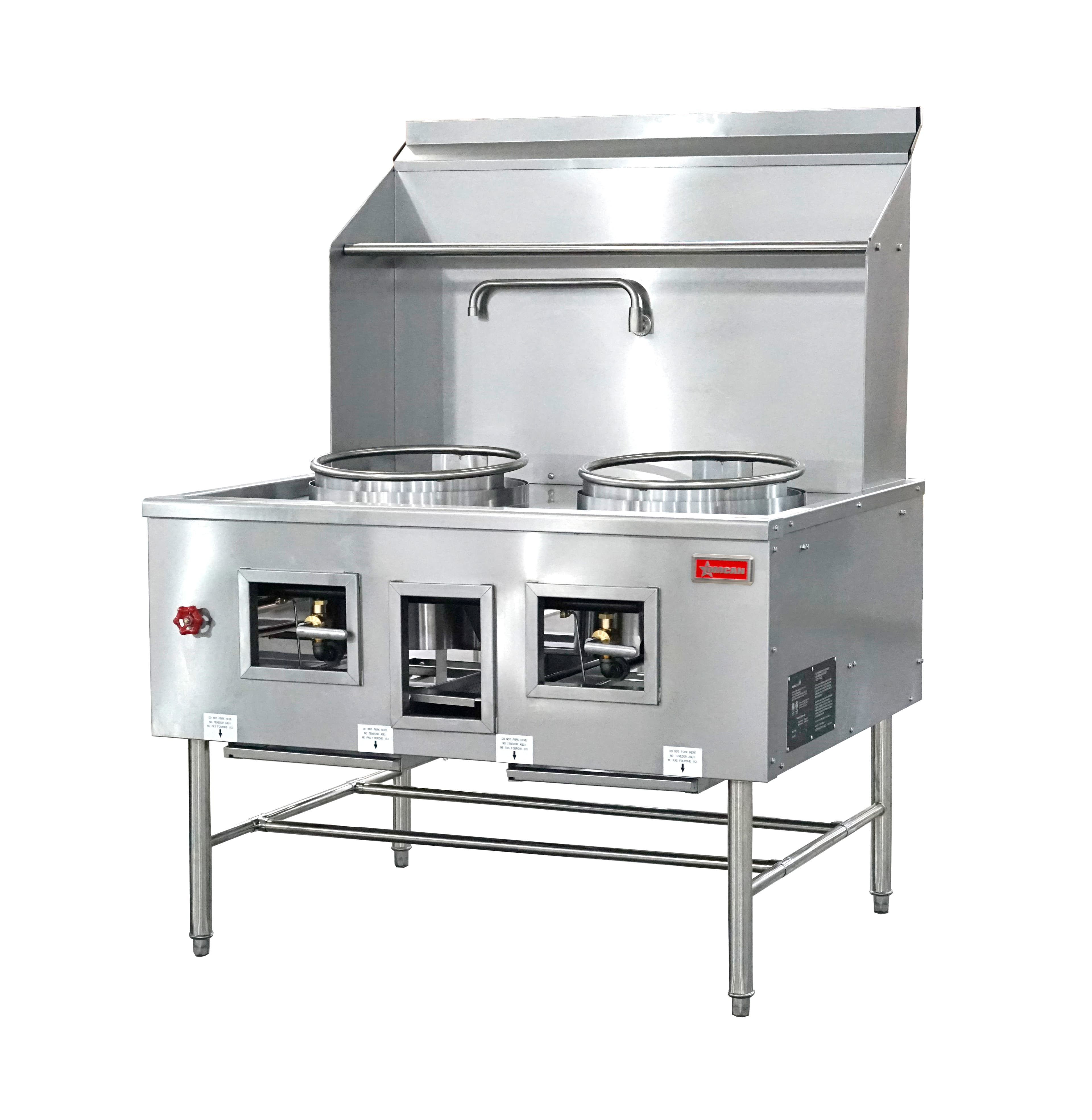 Two Chamber Wok Range with 2 x 16″ Rings, Backsplash, Faucet, 190,000 BTU – Natural Gas