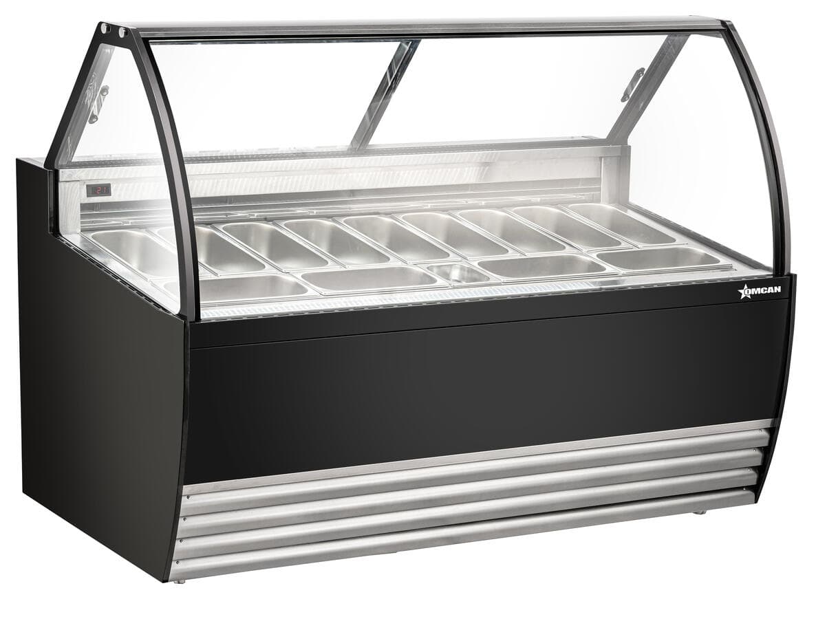 69.5″ Thirteen (13) Pan Gelato Display Showcase with Flat Sneeze Guard (Black Exterior)