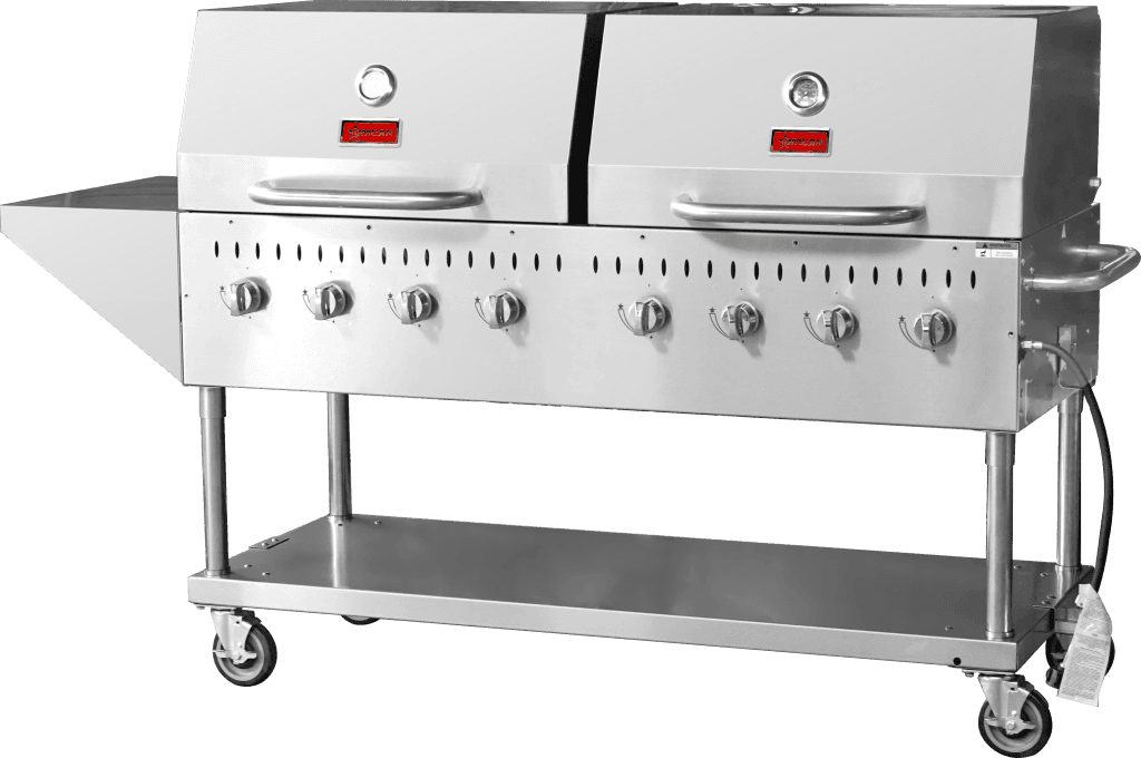 Stainless Steel Propane Outdoor BBQ Grill, 8 Burners, 128000BTU, Top And Side Shelf, 2 Roll Domes