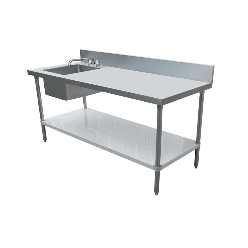 30″ x 72″ Stainless Steel Table with Left Sink, 6″ Backsplash, and Galvanized Leg & Socket