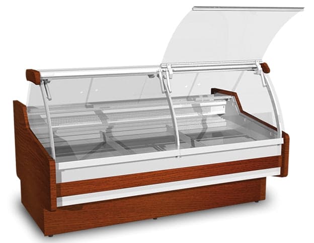 Igloo SANWFID3 41″ Refrigerated Fish Case, Curved Lift-Up Glass, Wood Finish, 47″ Deep