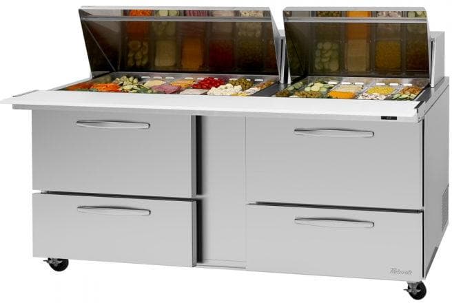 Turbo Air – PRO Series 60.25″ Silver Two-Section Sandwich/Salad Prep Table with 2 Hoods, 4 Drawers, 2 Shelves – PST-72-30-D4-N (ETA 5-6 Weeks)