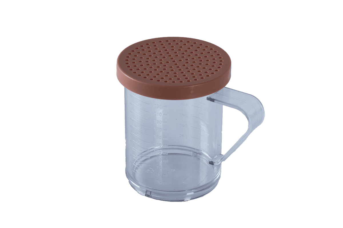 10 oz Polycarbonate Dredge with Rose Lid & 2 mm Hole for Medium Ground Products NSF
