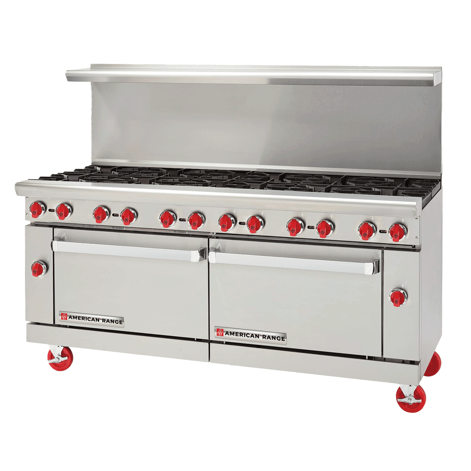 Stainless steel restaurant range with twelve open burners