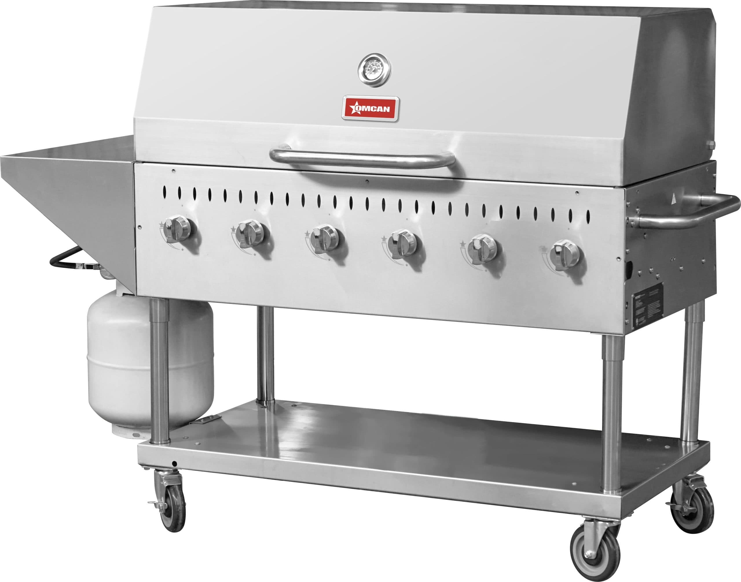 Stainless Steel Propane Outdoor BBQ Grill, 6 Burners, 96000BTU, Top And Side Shelf, 1 Roll Dome
