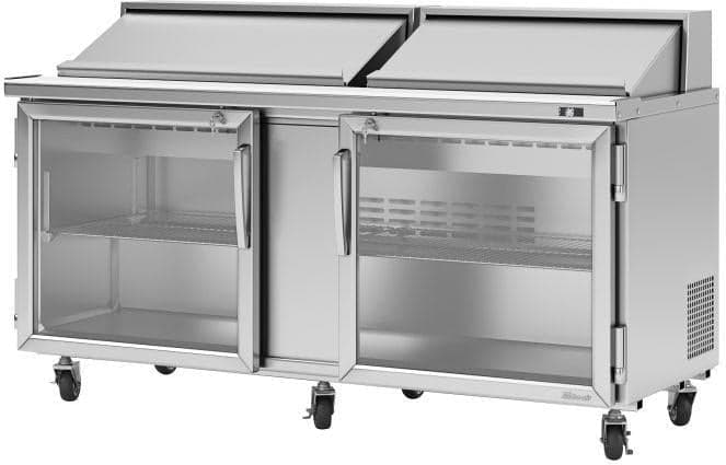 Turbo Air – PRO Series 72.6″ Silver 2 Glass Hinged Swing Doors Sandwich/Salad Prep Table with Refrigerated Base and 2 Shelves – PST-72-G-N (ETA 5-6 Weeks)
