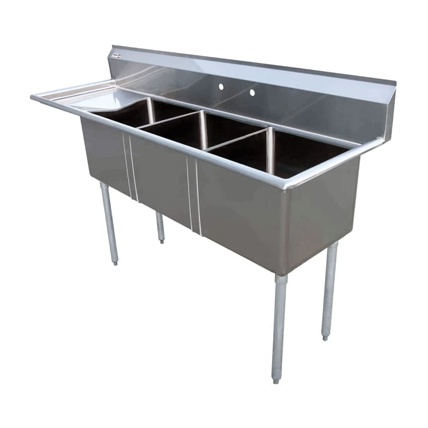 Omcan 18-gauge stainless steel Three Tub Sink with Corner Drain and Left Drainboard