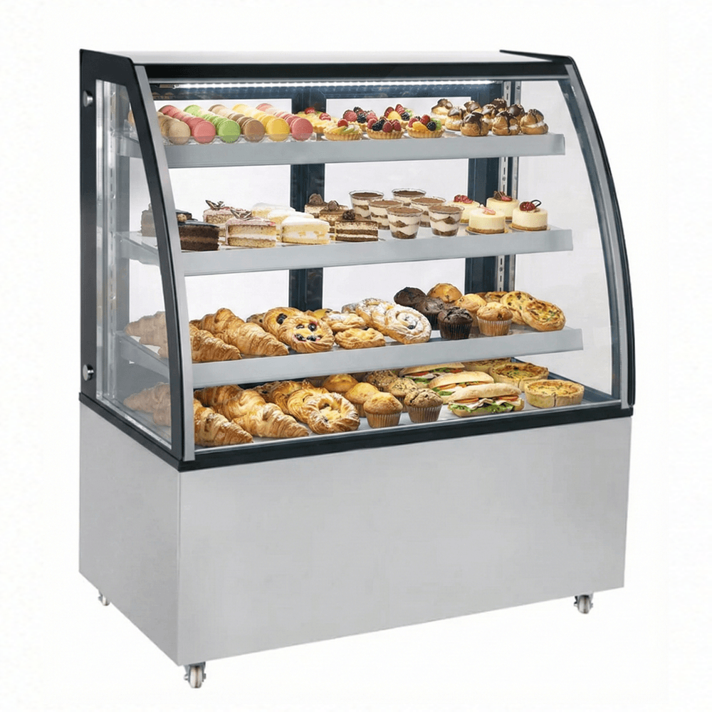 Omcan Three (3) Shelf Curved Glass Floor Refrigerated Showcase, . ( ), Stainless Steel