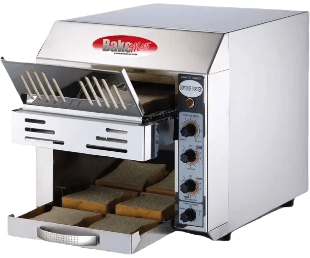 Bakemax - 110V Stainless Steel Commercial Countertop Electric 2-Slice Wide Conveyor Toaster - BMCT305