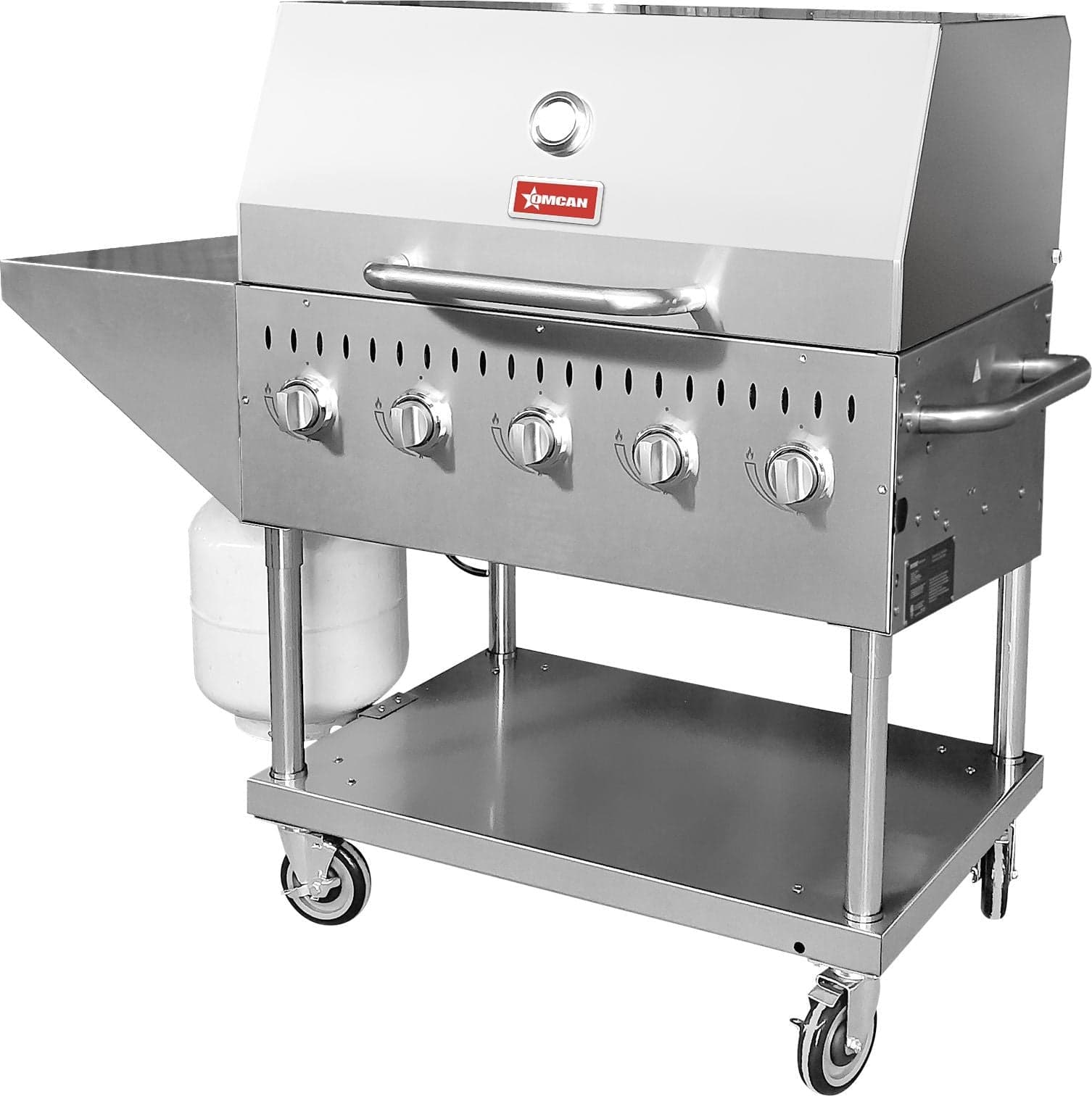 Stainless Steel Propane Outdoor BBQ Grill with 5 Burners, Top and Side Shelf and Roll Dome, 80000 BTU