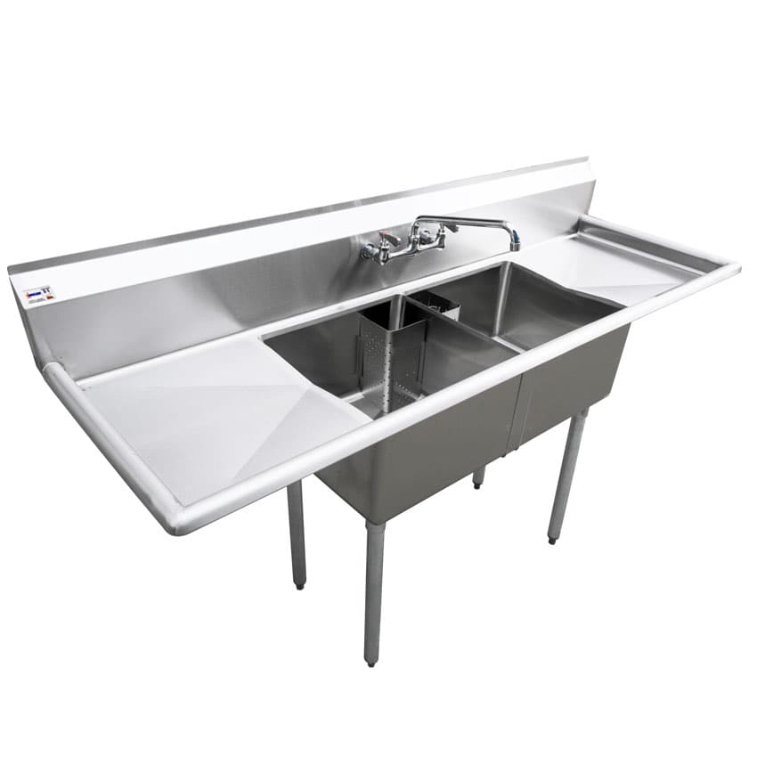 18″ x 18″ x 11″ 18-gauge stainless steel Two Tub Sink with 1.8″ Corner Drain and Two Drainboards
